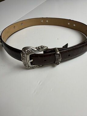 Brighton Dark Brown Croc-Embossed Leather Belt with Ornate Silver Buckle
